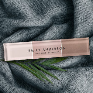 ELEGANT MINIMAL ROSE GOLD BLUSH PINK COPPER STRIPS DESK NAME PLATE