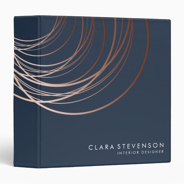 Elegant minimal rose gold & navy blue geometric 3 ring binder (Front/Spine)