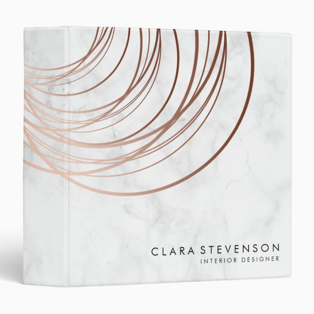 Elegant minimal rose gold & white marble geometric 3 ring binder (Front/Spine)