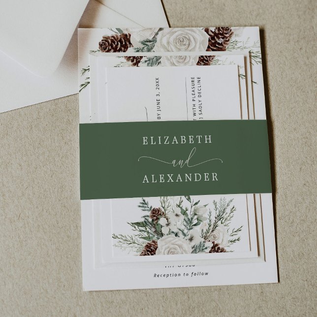 Elegant minimal sage green calligraphy wedding invitation belly band (Creator Uploaded)