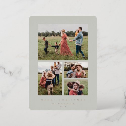 Elegant Minimal Sage Green Frame 4 Photo Foil Holiday Card