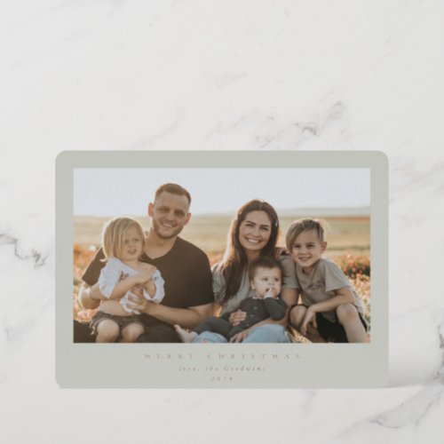 Elegant Minimal Sage Green Frame Single Photo Foil Holiday Card