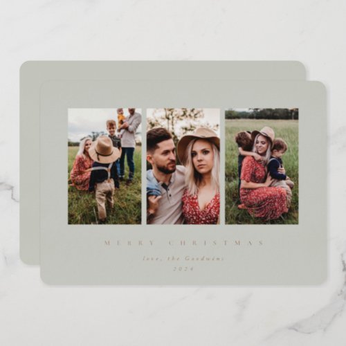 Elegant Minimal Sage Green Frame Triple Photo Foil Holiday Card