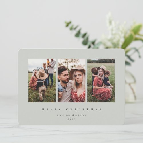 Elegant Minimal Sage Green Frame Triple Photo Holiday Card