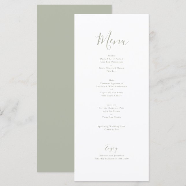 Elegant Minimal Sage Green Wedding Menu Card (Front/Back)