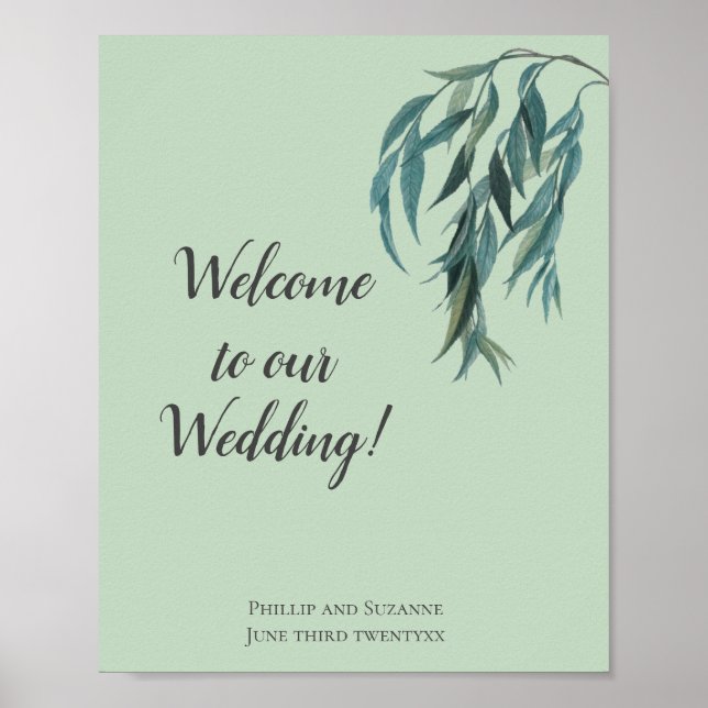 Elegant Minimal Sage Green Willow Branch Wedding Poster (Front)