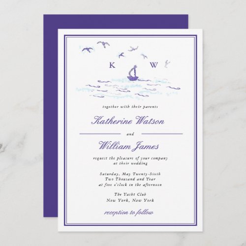 Elegant Minimal Sailboat Print Yacht Club Wedding  Invitation