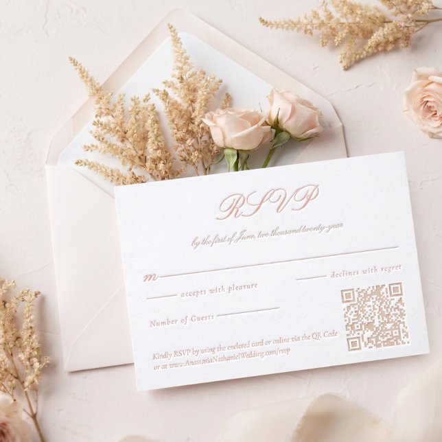 Elegant Minimal Script Calligraphy Wedding QR Code Letterpress RSVP Cards (Elegant Minimal Script Calligraphy Wedding QR Code Letterpress RSVP Cards)