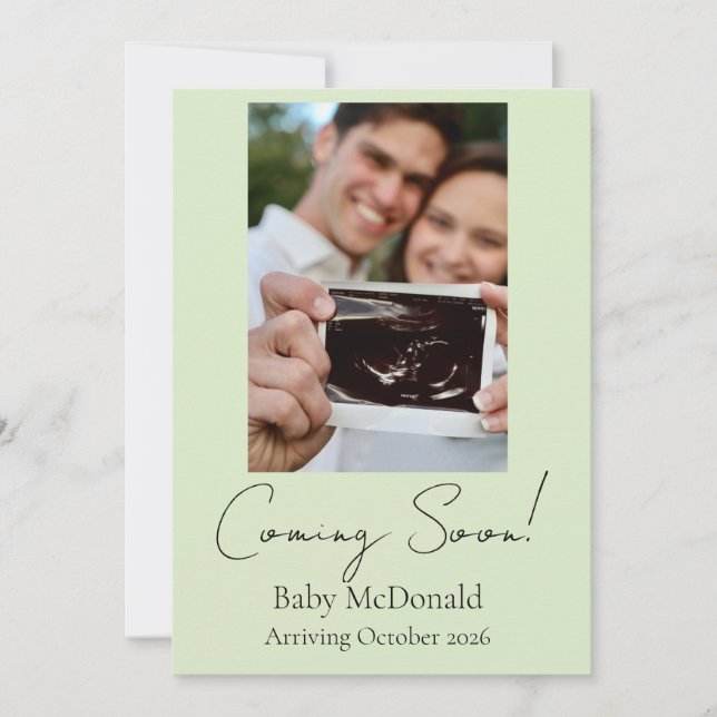 Elegant minimal script pregnancy announcement card (Front)