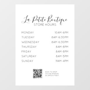 Elegant Minimal Script Store Hours QR code Window Cling