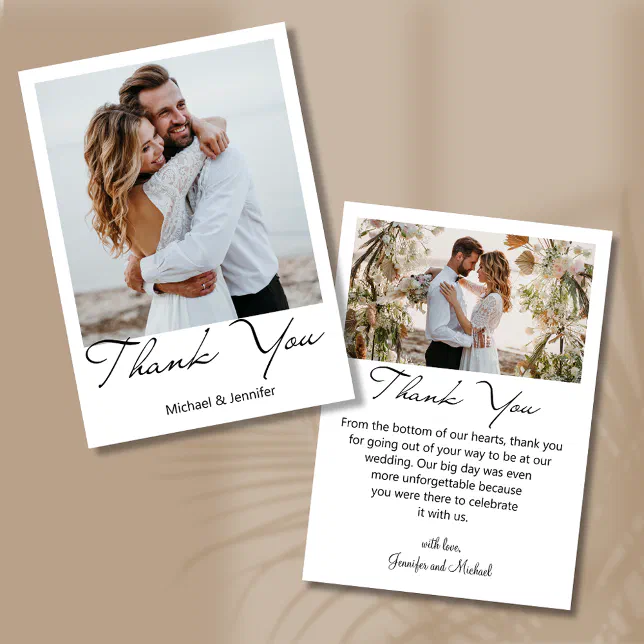 elegant minimal script wedding 2 photos thank you card | Zazzle