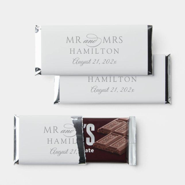 Elegant Minimal Silver Gray Custom Mr and Mrs Hershey Bar Favors (Front)