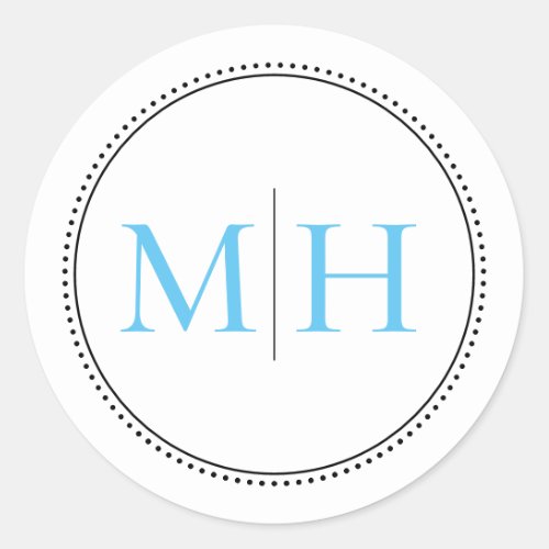 Elegant Minimal Sky Blue Monogram Dotted Border Classic Round Sticker