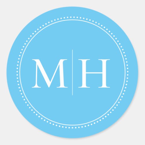 Elegant Minimal Sky Blue Monogram Dotted Border Classic Round Sticker