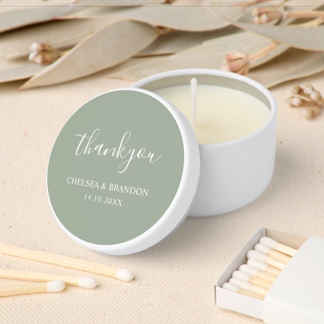 Elegant Minimal Stylish Script Sage Green Wedding Mini Candle Favors (Insitu)