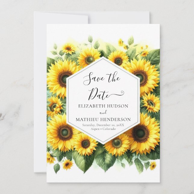 Elegant Minimal Sunflower Wedding Save The Date (Front)