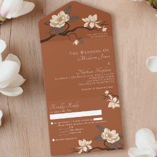 Elegant Minimal Terracotta Magnolia Wedding All In One Invitation