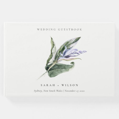 Elegant Minimal Tropical Blue Leafy Floral Wedding Guest Book