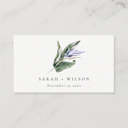 Elegant Minimal Tropical Blue Leafy Floral Wedding Place Card