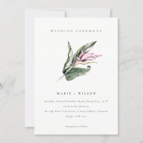 Elegant Minimal Tropical Leafy Pink Floral Wedding Invitation