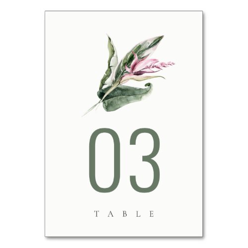 Elegant Minimal Tropical Leafy Pink Floral Wedding Table Number