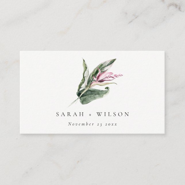 Elegant Minimal Tropical Pink Leafy Floral Wedding Place Card (Front)