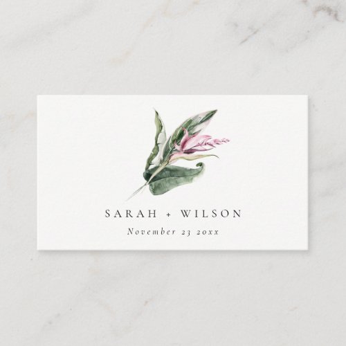 Elegant Minimal Tropical Pink Leafy Floral Wedding Place Card