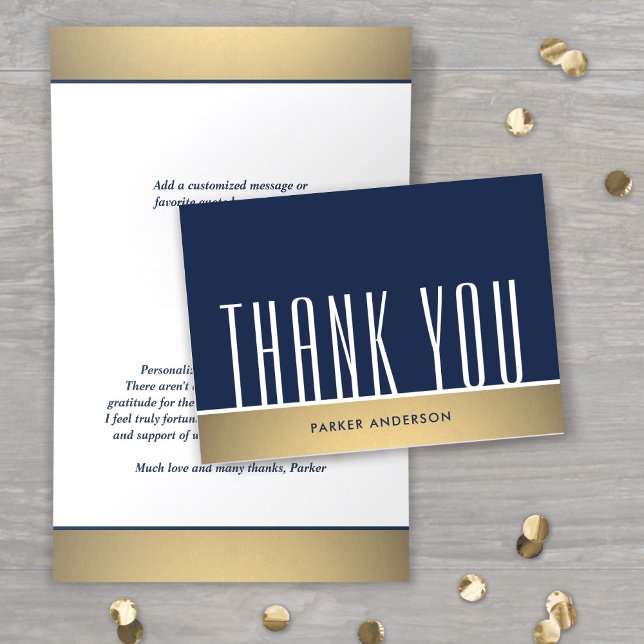 Elegant Minimal Typography Navy Blue, White & Gold Thank You Card (Creator Uploaded)