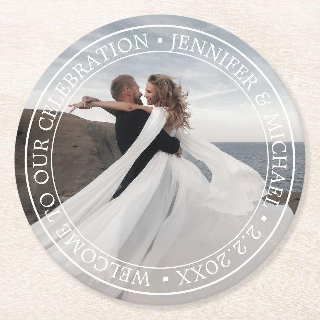 elegant  minimal typography welcome wedding photo  round paper coaster (Front)