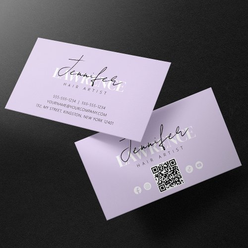 Elegant Minimal Violet Trendy HairStylist QR Code Business Card