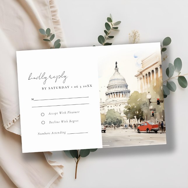Elegant Minimal Washington DC Watercolor Wedding RSVP Card (Creator Uploaded)