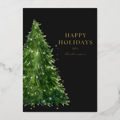 elegant minimal watercolor christmas tree holidays foil holiday card