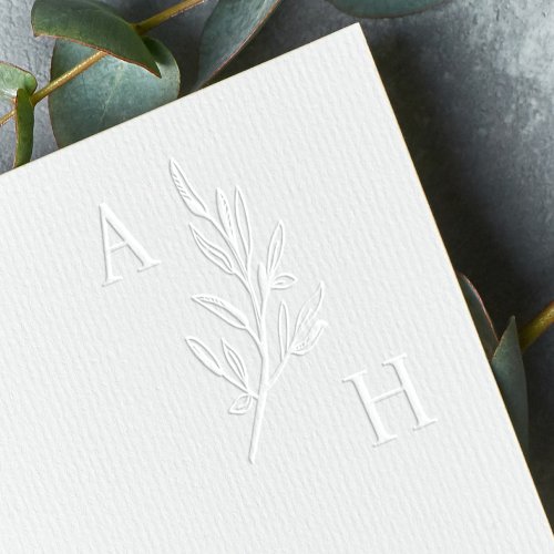 Elegant Minimal Wedding Monogram Greenery Leaves Embosser