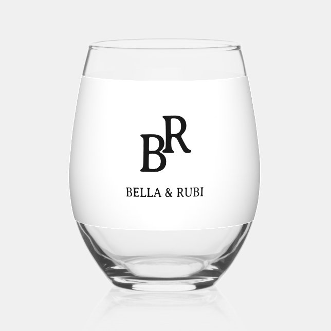 Elegant Minimal Wedding Monogram Stemless Wine Gla Stemless Wine Glass (Front)