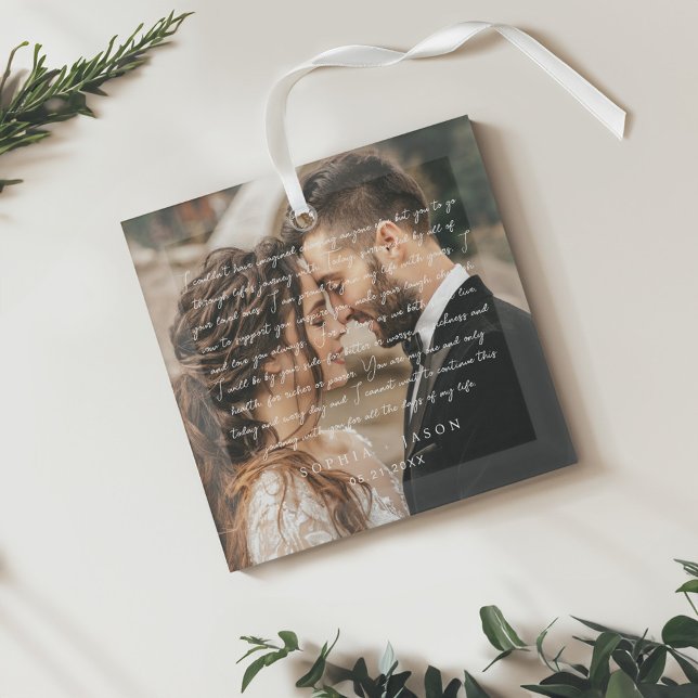 Elegant Minimal Wedding Vow script Couple Photo Glass Ornament (Elegant Minimal Wedding Vow script Couple Photo Glass Ornament)