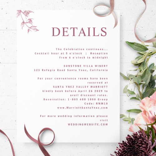 Elegant Minimal White and Burgundy Wedding Details Enclosure Card