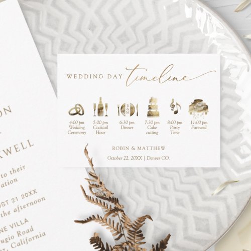 Elegant Minimal White and Gold Wedding Timeline Enclosure Card
