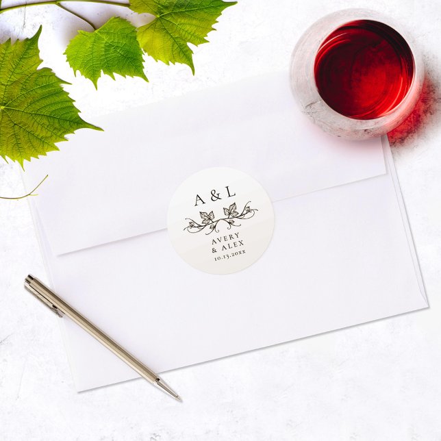 Elegant Minimal White Black Monogram Wedding Crest Classic Round Sticker (Creator Uploaded)