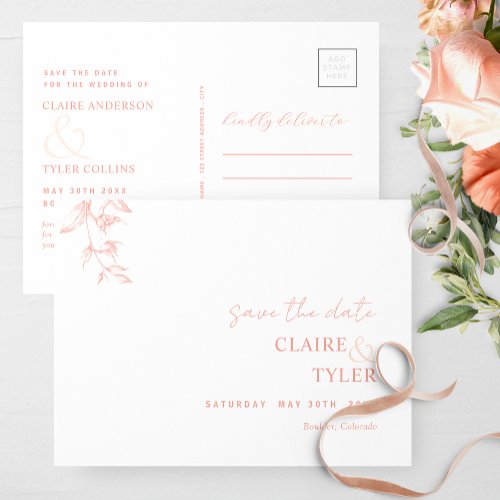 Elegant Minimal White Blush Pink and Peach Wedding Postcard