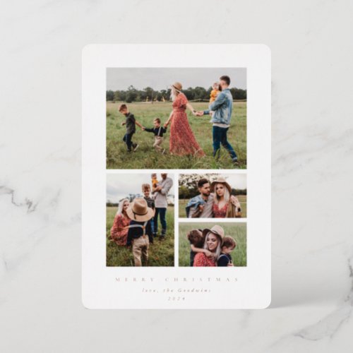 Elegant Minimal White Frame 4 Photo Foil Holiday Card