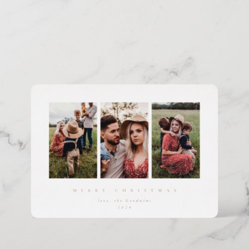 Elegant Minimal White Frame Triple Photo Foil Holiday Card