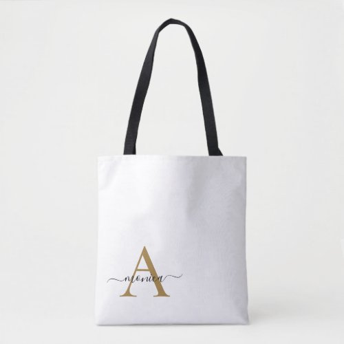 Elegant Minimal White Gold Monogram Name Tote Bag