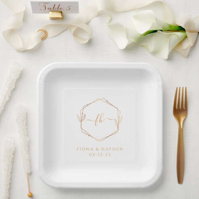 Elegant Minimal White Gold Monogrammed Wedding Paper Plates (Wedding)