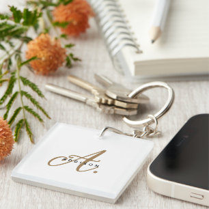 Elegant Minimal White Gold Script Monogram Keychain