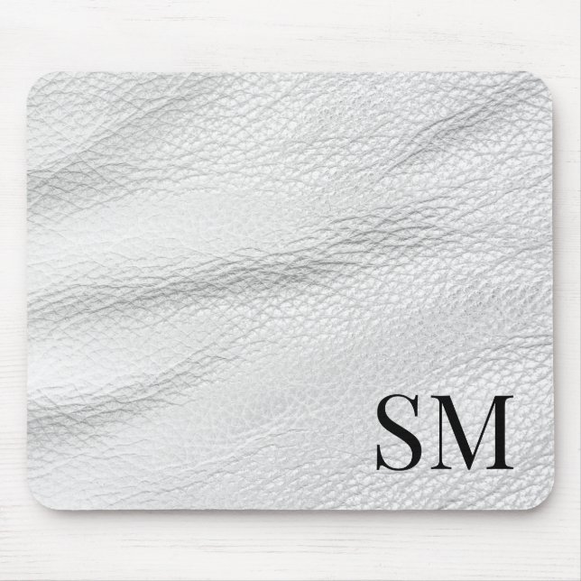 Elegant Minimal White Leather Monogram Mouse Pad (Front)
