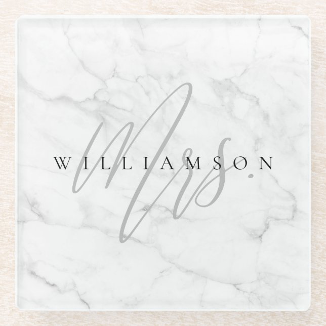 Elegant Minimal White Marble Mrs. Script Custom Glass Coaster (Front)
