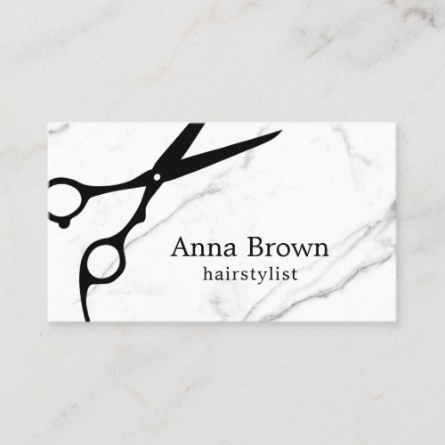 Elegant minimal white marble scissors hairstylist  business card
