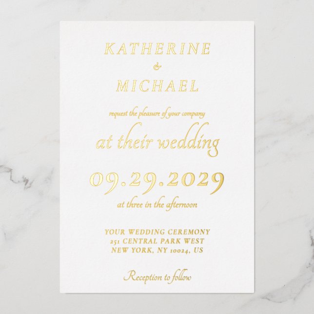 Elegant Minimal White Wedding Gold Foil Invitation (Front)