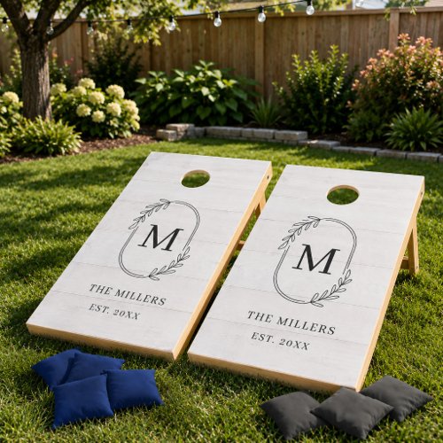 Elegant Minimal White Wood Family Monogram Cornhole Set