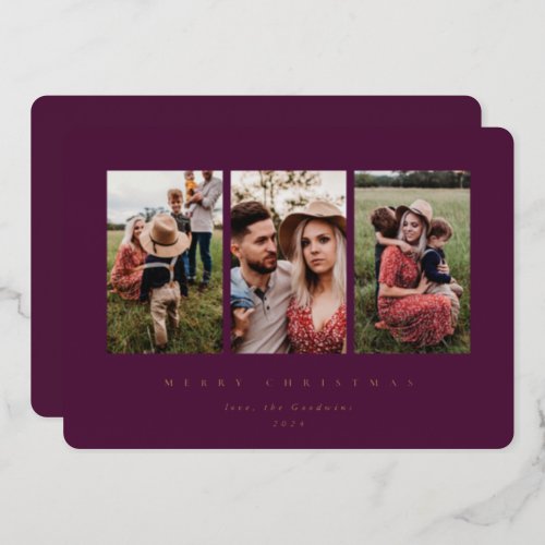 Elegant Minimal Winterberry Frame Triple Photo Foil Holiday Card